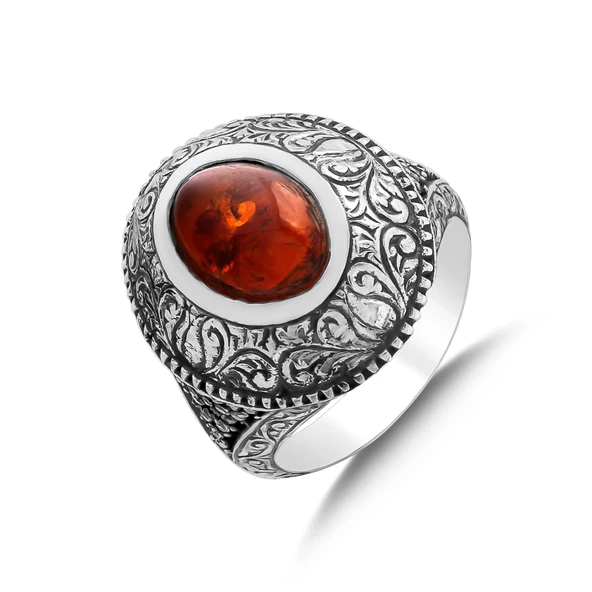 Gümüş Oval Gerçek Kehribar Taşlı Kalemli Erkek Yüzüğü - Resim 3
