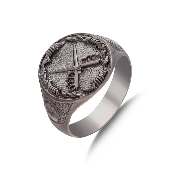 925 Ayar Gümüş Çarpı Kılıç Motifli Erkek Yüzüğü - Resim 3