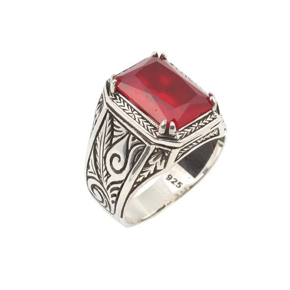 925 Ayar Gümüş Yakut Taşlı Erkek Yüzüğü - 6