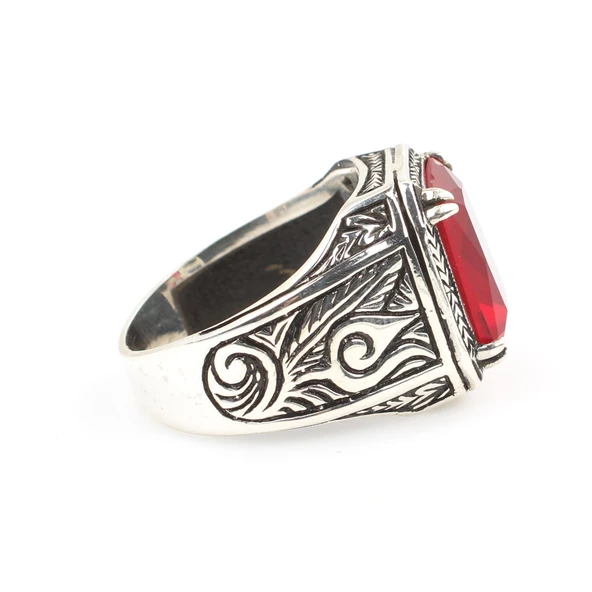 925 Ayar Gümüş Yakut Taşlı Erkek Yüzüğü - 4