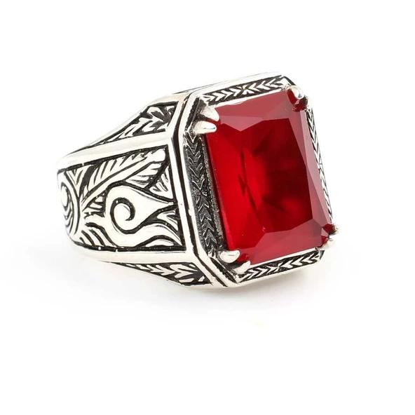 925 Ayar Gümüş Yakut Taşlı Erkek Yüzüğü