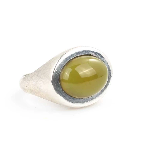 925 Ayar Gümüş Badem Yeşim Taşlı Düz Erkek Yüzüğü ürün görseli 1