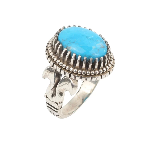 925 Ayar Gümüş Oval Turkuaz Taşlı Erkek Yüzüğü - Resim 3