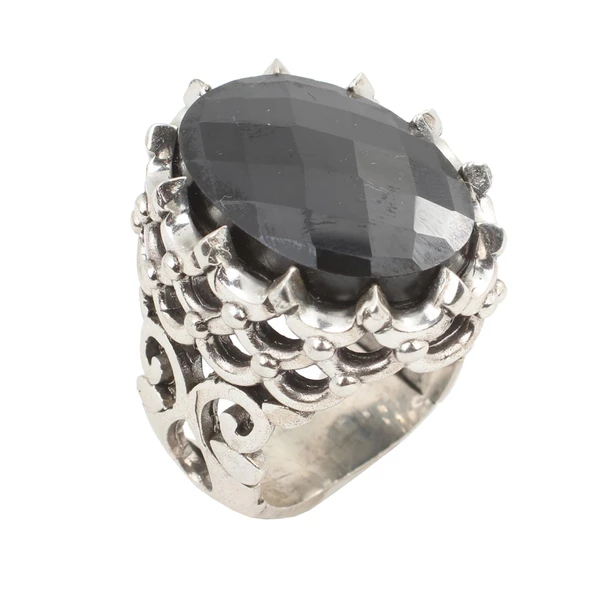 Gümüş Fasetli Oniks Taşlı Büyük Yüzük - Resim 3
