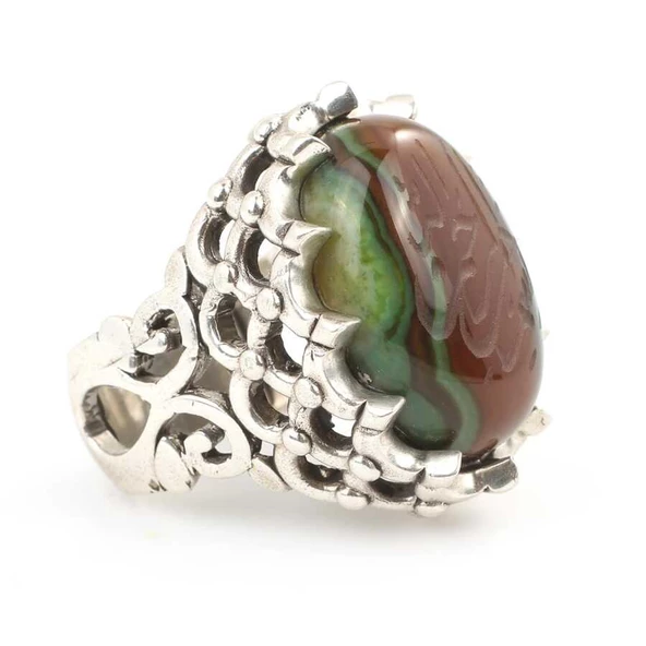 Gümüş Üzeri Yazılı Doğal Akik Taşlı Büyük Yüzük ürün görseli 1