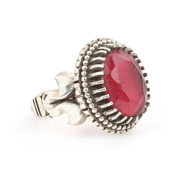 925 Ayar Gümüş Oval Fasetli Yakut Taşlı Erkek Yüzüğü