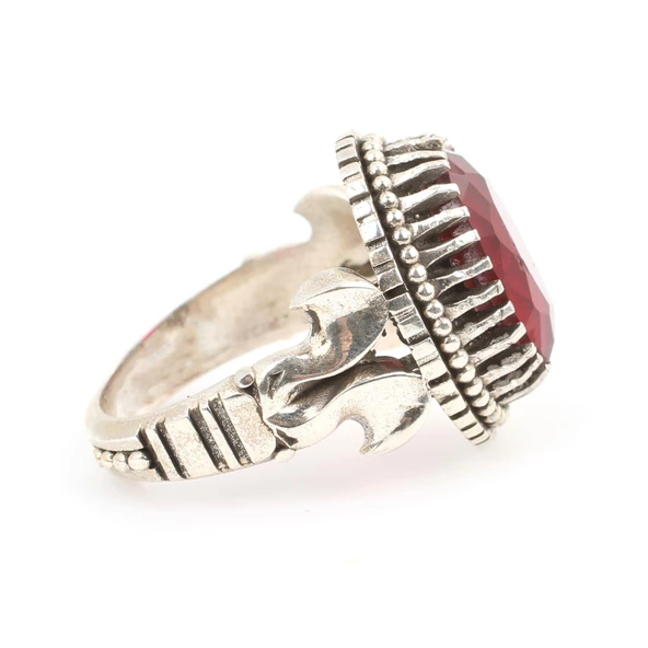 925 Ayar Gümüş Oval Fasetli Yakut Taşlı Erkek Yüzüğü - 3