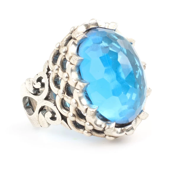 Gümüş Fasetli Akuamarin Taşlı Büyük Yüzük - Resim 6