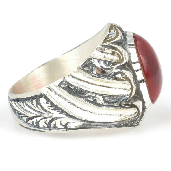 925 Ayar Gümüş Kırmızı Sıkma Kehribar Taşlı Elişi Kalemli Erkek Yüzük - Resim 3