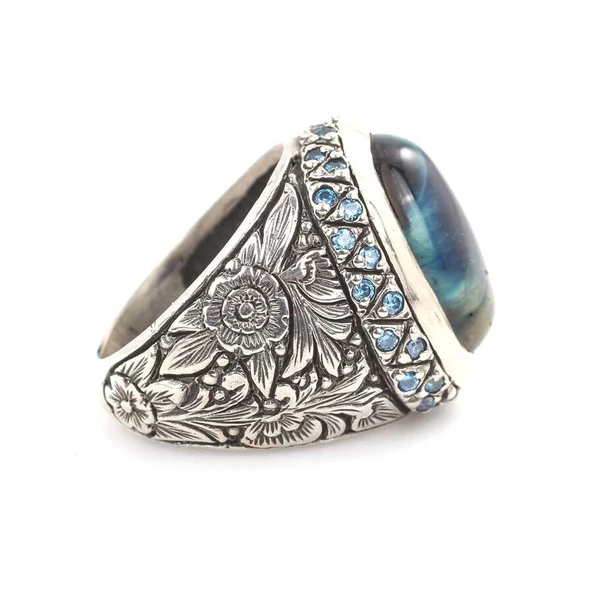 925 Ayar Gümüş Obsidyen Taşlı Erkek Yüzüğü - Resim 3