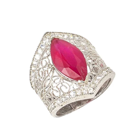 925 Ayar Gümüş Sentetik Yakut Taşlı Mekik Motifli Telkâri Yüzük - 2