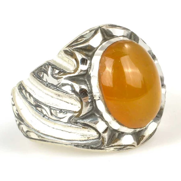 925 Ayar Gümüş Oval Sarı Renk Sıkma Kehribar Taşlı Elişi Kalemli Erkek Yüzük - Resim 2