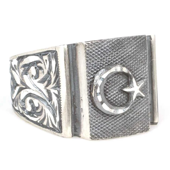 925 Ayar Gümüş Dikdörtgen Kaş Ay Yıldızlı Erkek Yüzük - Resim 2