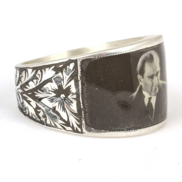 925 Ayar gümüş Kemal Atatürk Fotoğraflı Erkek Yüzük - Resim 2