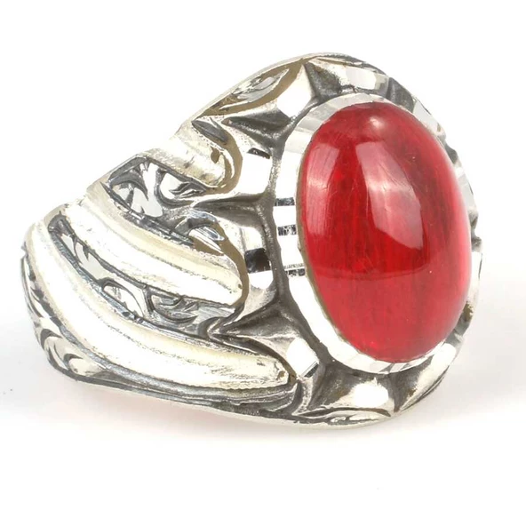 925 Ayar Gümüş Kırmızı Sıkma Kehribar Taşlı Elişi Kalemli Erkek Yüzük - Resim 2