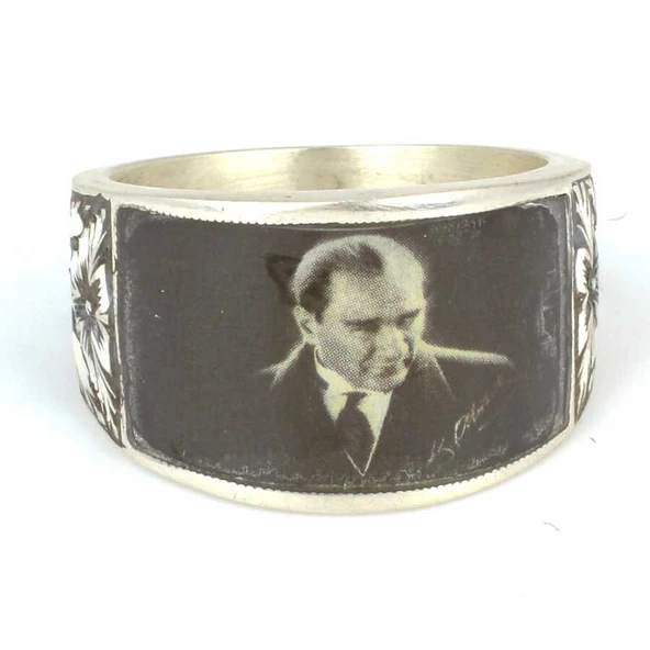 925 Ayar gümüş Kemal Atatürk Fotoğraflı Erkek Yüzük - Resim 5