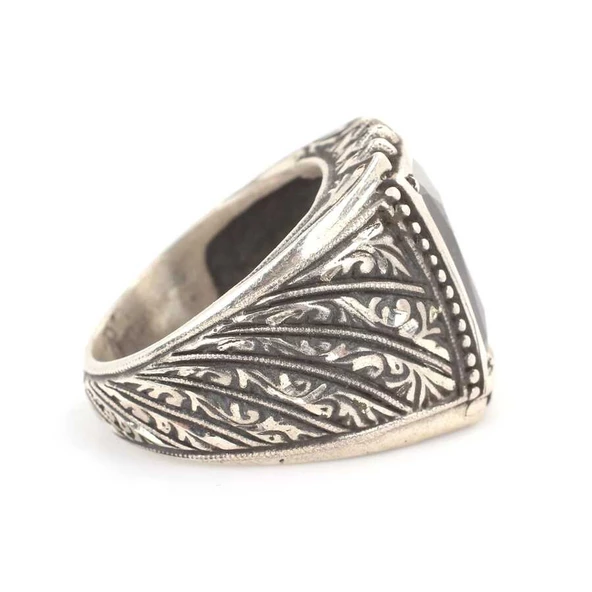 925 Ayar Gümüş Dikdörtgen Hematit Taşlı Erkek Yüzüğü - Resim 3