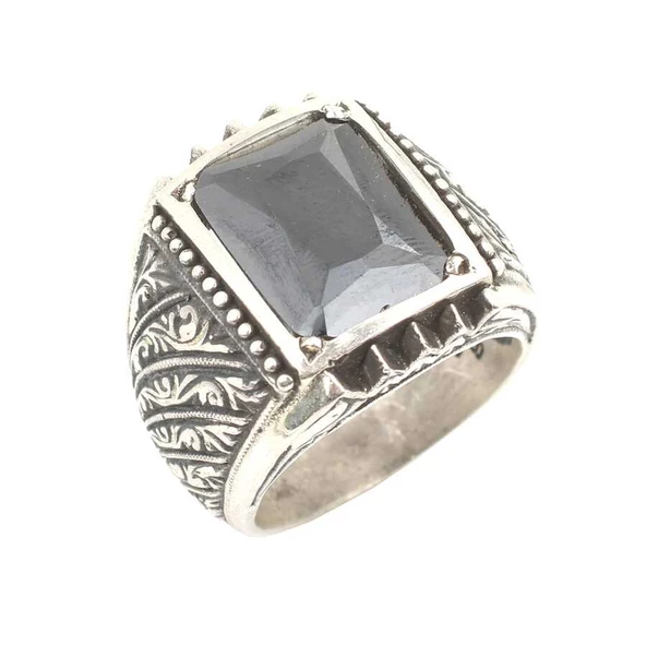 925 Ayar Gümüş Dikdörtgen Hematit Taşlı Erkek Yüzüğü ürün görseli