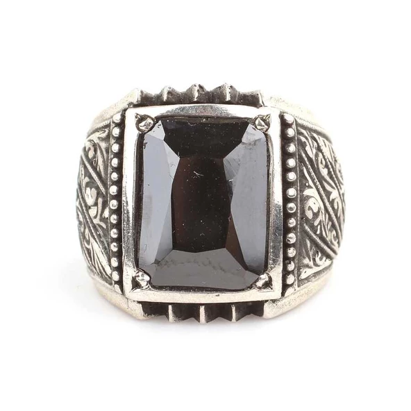 925 Ayar Gümüş Dikdörtgen Hematit Taşlı Erkek Yüzüğü - Resim 4