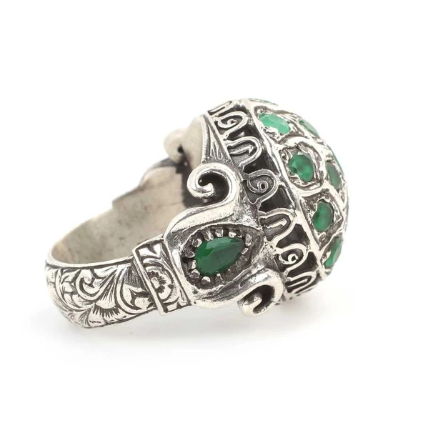 925 Ayar Gümüş Zümrüt Taşlardan Oluşan Erkek Yüzük - Resim 3