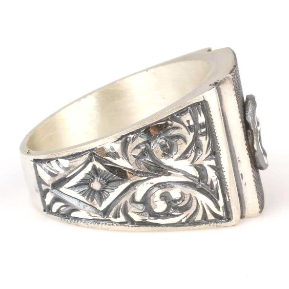 925 Ayar Gümüş Dikdörtgen Kaş Ay Yıldızlı Erkek Yüzük - Resim 3