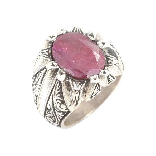 925 Ayar Gümüş Oval Yakut Taşlı Erkek Yüzüğü