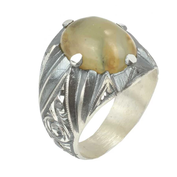 925 Ayar Gümüş Yeşil Renkli Sıkma Kehribar Taşlı Elişi Kalemli Erkek Yüzük ürün görseli 1