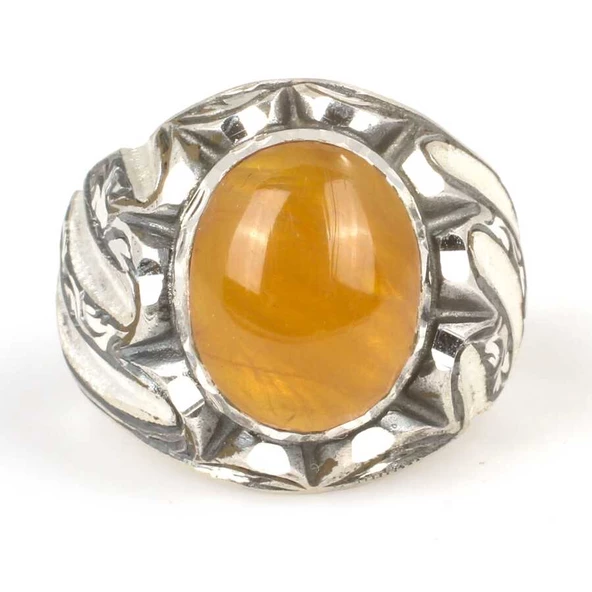 925 Ayar Gümüş Oval Sarı Renk Sıkma Kehribar Taşlı Elişi Kalemli Erkek Yüzük - Resim 4