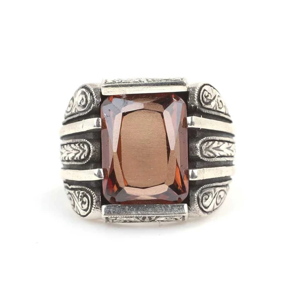 925 Ayar Gümüş Smoky Quartz Taşlı Kalemli Erkek Yüzüğü - Resim 3