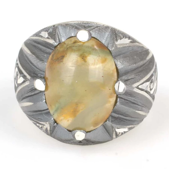 925 Ayar Gümüş Yeşil Renkli Sıkma Kehribar Taşlı Elişi Kalemli Erkek Yüzük - Resim 4