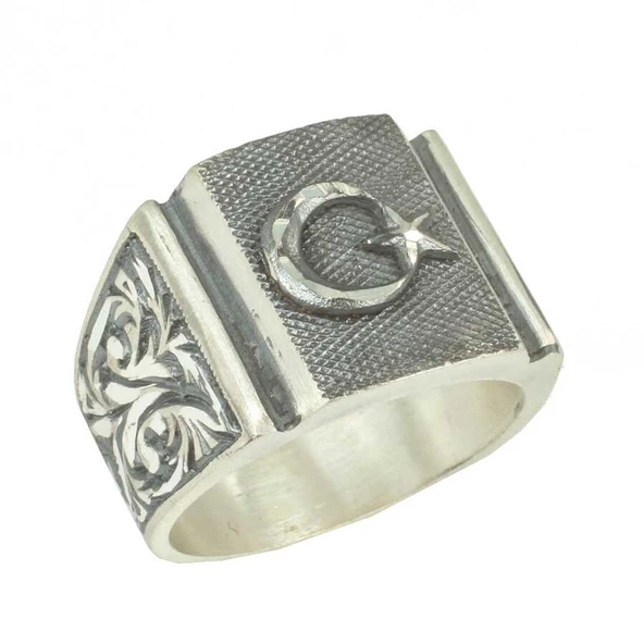 925 Ayar Gümüş Dikdörtgen Kaş Ay Yıldızlı Erkek Yüzük ürün görseli