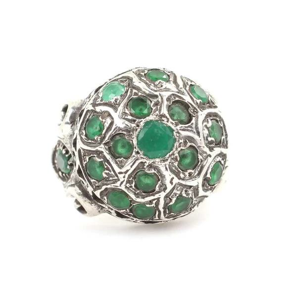 925 Ayar Gümüş Zümrüt Taşlardan Oluşan Erkek Yüzük - Resim 4