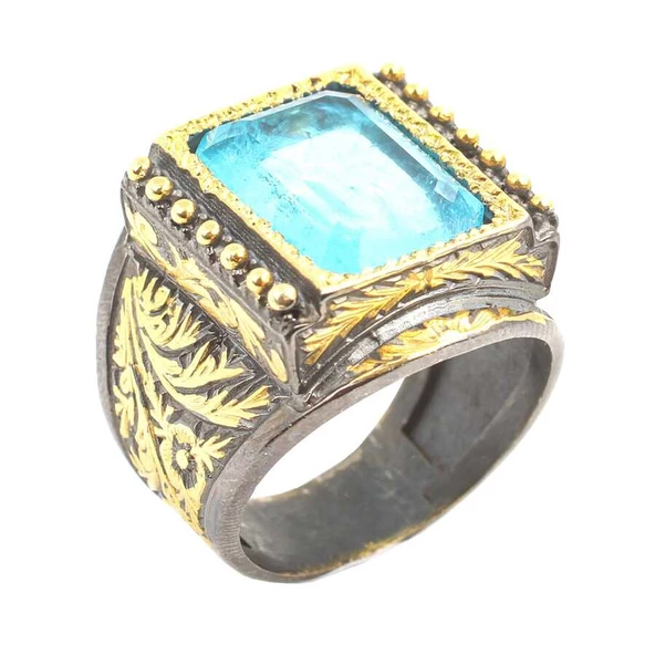 925 Ayar Gümüş Dikdörtgen Akuamarin Taşlı Erkek Yüzük ürün görseli