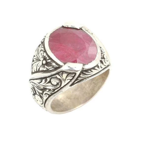 925 Ayar Gümüş Yakut Taşlı Elişi Kalemli Erkek Yüzük