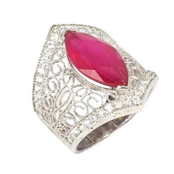 925 Ayar Gümüş Sentetik Yakut Taşlı Mekik Motifli Telkâri Yüzük