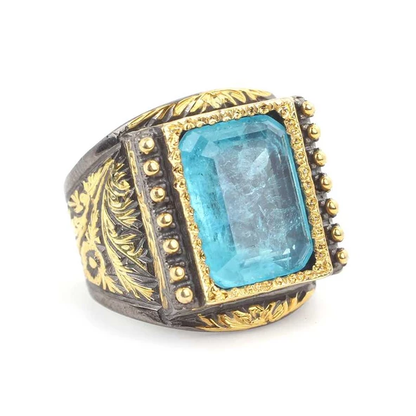 925 Ayar Gümüş Dikdörtgen Akuamarin Taşlı Erkek Yüzük - Resim 2