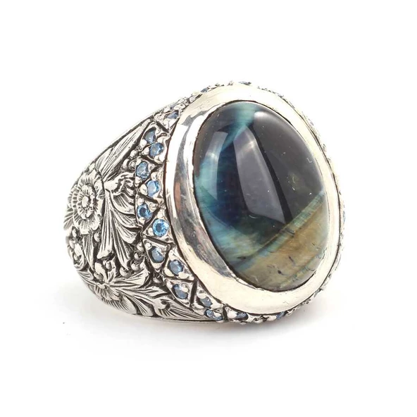 925 Ayar Gümüş Obsidyen Taşlı Erkek Yüzüğü - Resim 2