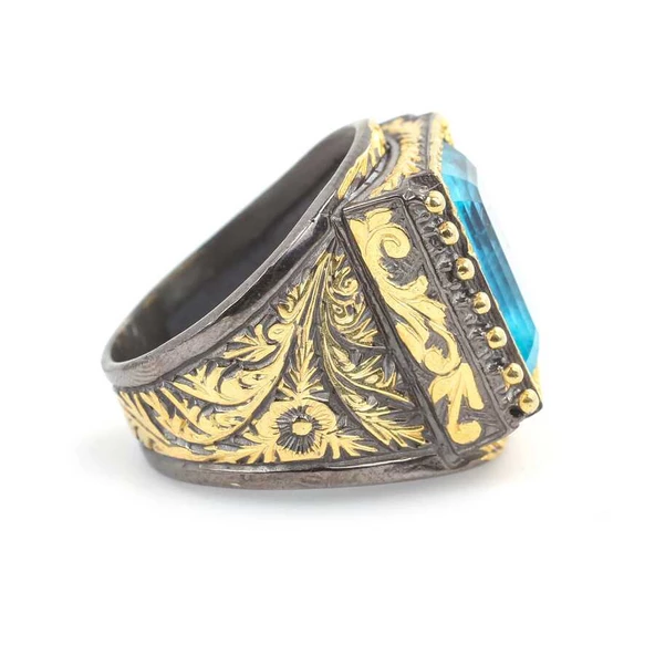 925 Ayar Gümüş Dikdörtgen Akuamarin Taşlı Erkek Yüzük - Resim 3