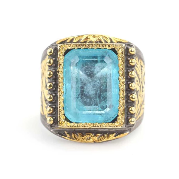 925 Ayar Gümüş Dikdörtgen Akuamarin Taşlı Erkek Yüzük - Resim 4