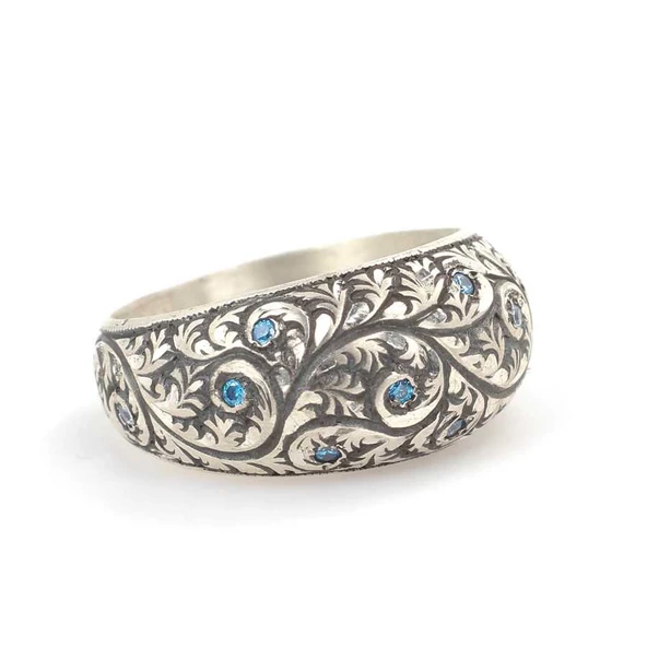 925 Ayar Gümüş El işlemeli Taşlı Erkek Yüzük - Resim 2