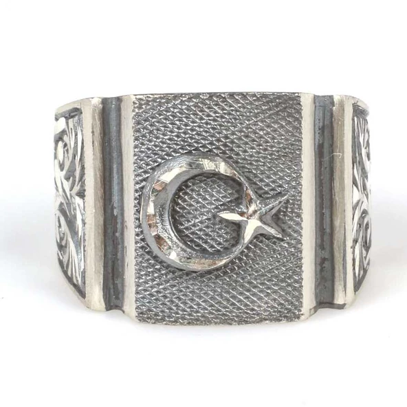 925 Ayar Gümüş Dikdörtgen Kaş Ay Yıldızlı Erkek Yüzük - Resim 4