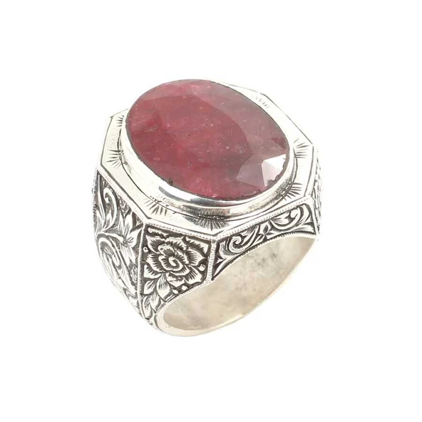 925 Ayar Gümüş Kök Yakut Taşlı İşlemeli Kalemli Erkek Yüzüğü