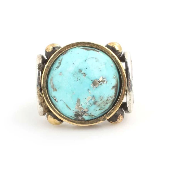 925 Ayar Gümüş Yuvarlak Gerçek Turkuaz Taşlı Erkek Yüzüğü - Resim 4