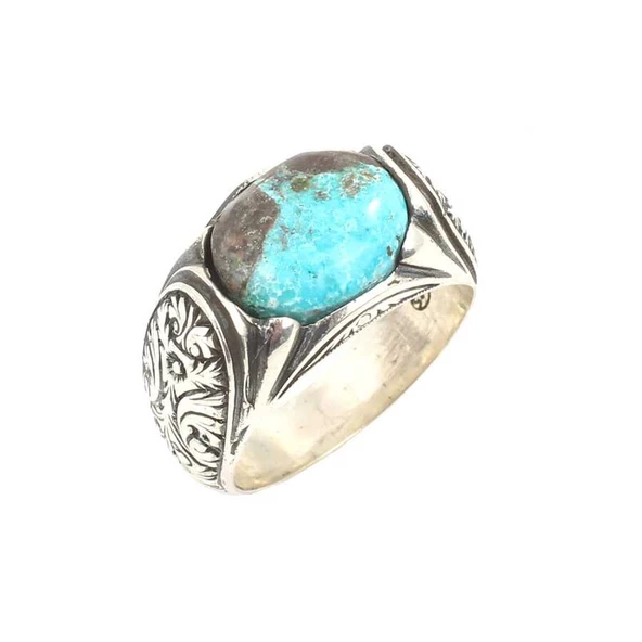 925 Ayar Gümüş El Kalemli Gerçek Turkuaz Taşlı Erkek Yüzüğü ürün görseli