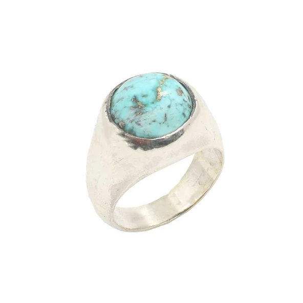 925 Ayar Gümüş Gerçek Turkuaz Taşlı Düz Kol Erkek Yüzüğü ürün görseli 1