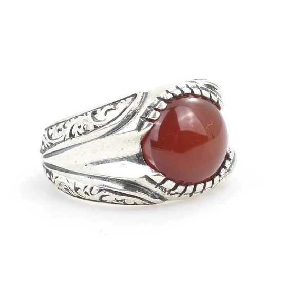 925 Ayar Gümüş Akik Taşlı El Kalemli Erkek Yüzüğü - Resim 2