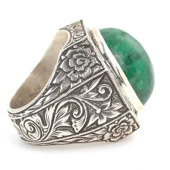 925 Ayar Gümüş Yeşil Akik Taşlı İşlemeli Erkek Yüzük - Resim 3