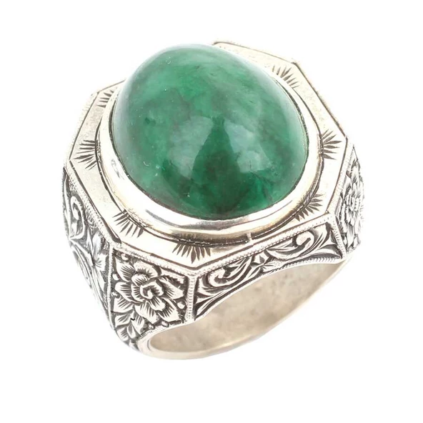 925 Ayar Gümüş Yeşil Akik Taşlı İşlemeli Erkek Yüzük ürün görseli