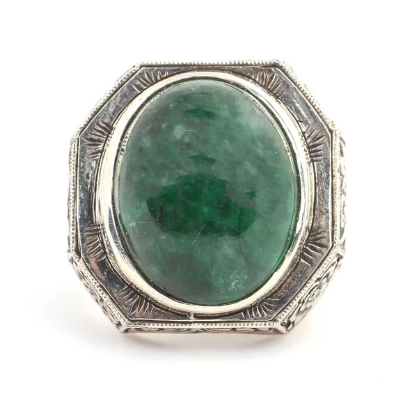 925 Ayar Gümüş Yeşil Akik Taşlı İşlemeli Erkek Yüzük - Resim 4