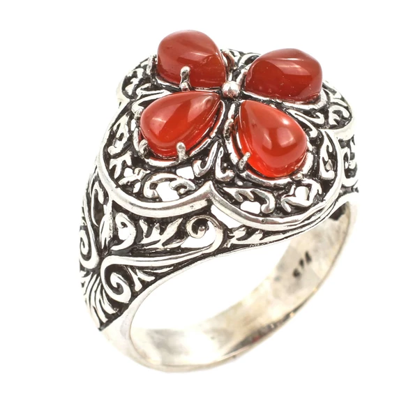 925 Ayar Gümüş Damla Taşlı Akik İşlemeli Yüzük ürün görseli